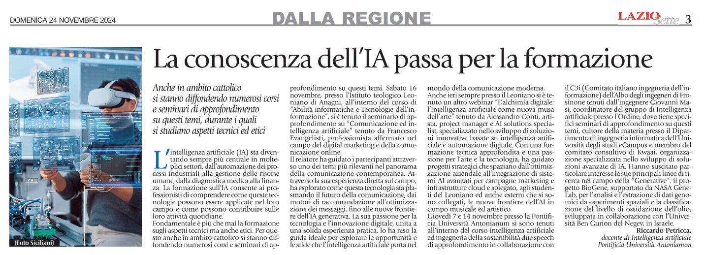 Articolo Lazio Sette sull'IA e formazione